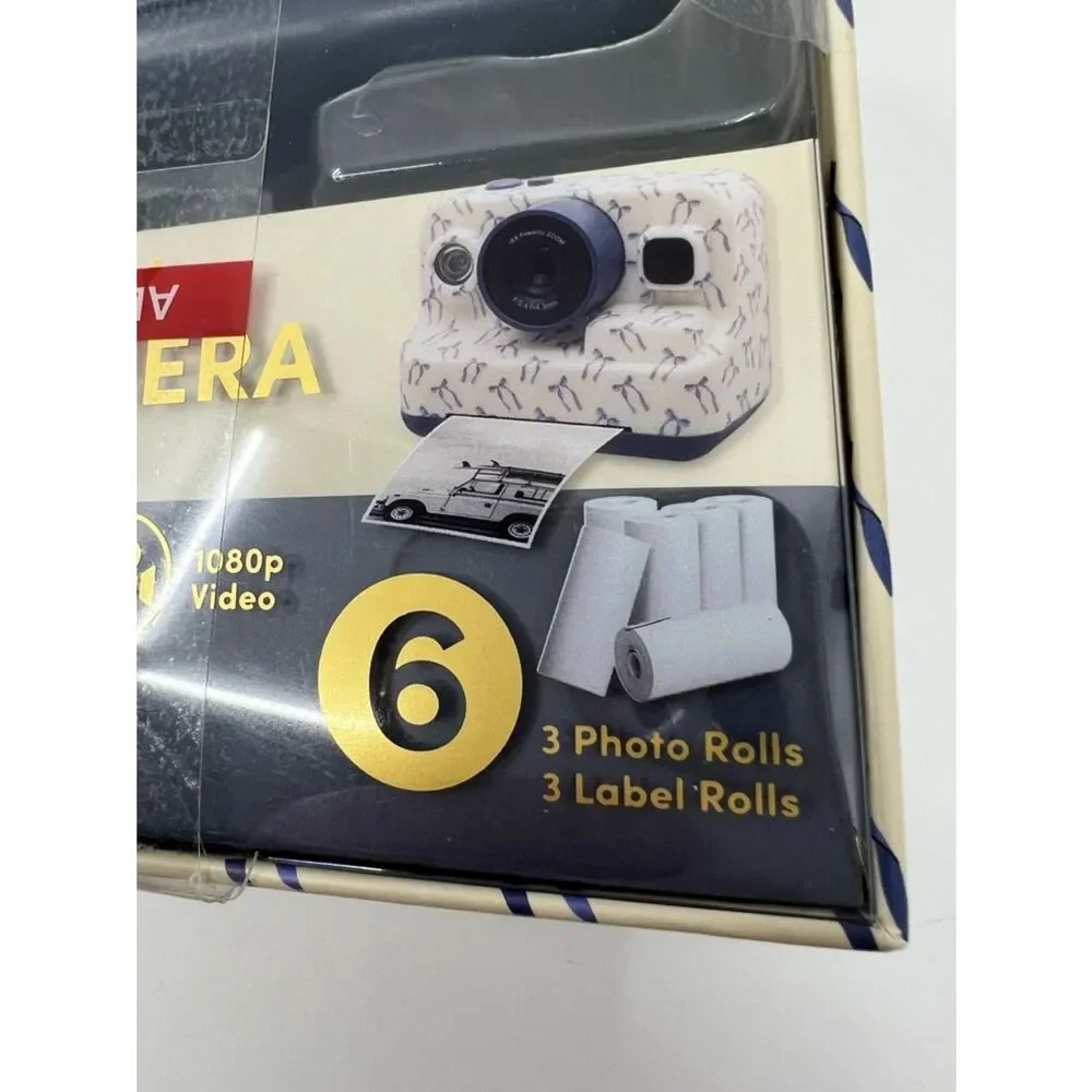 NIB XO Poppy White Digital insta-print Camera with Blue ribbon Accents